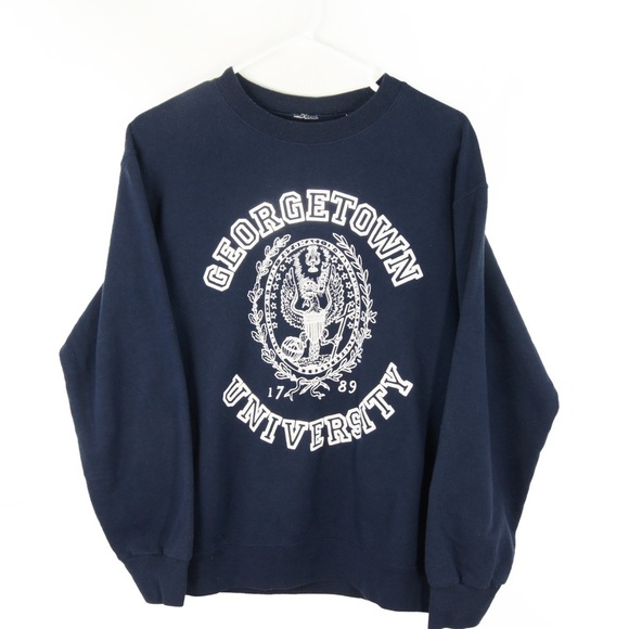 Vintage 80s Georgetown University Crest Collegiate Navy Blue Pullover Sweater - Picture 1 of 2